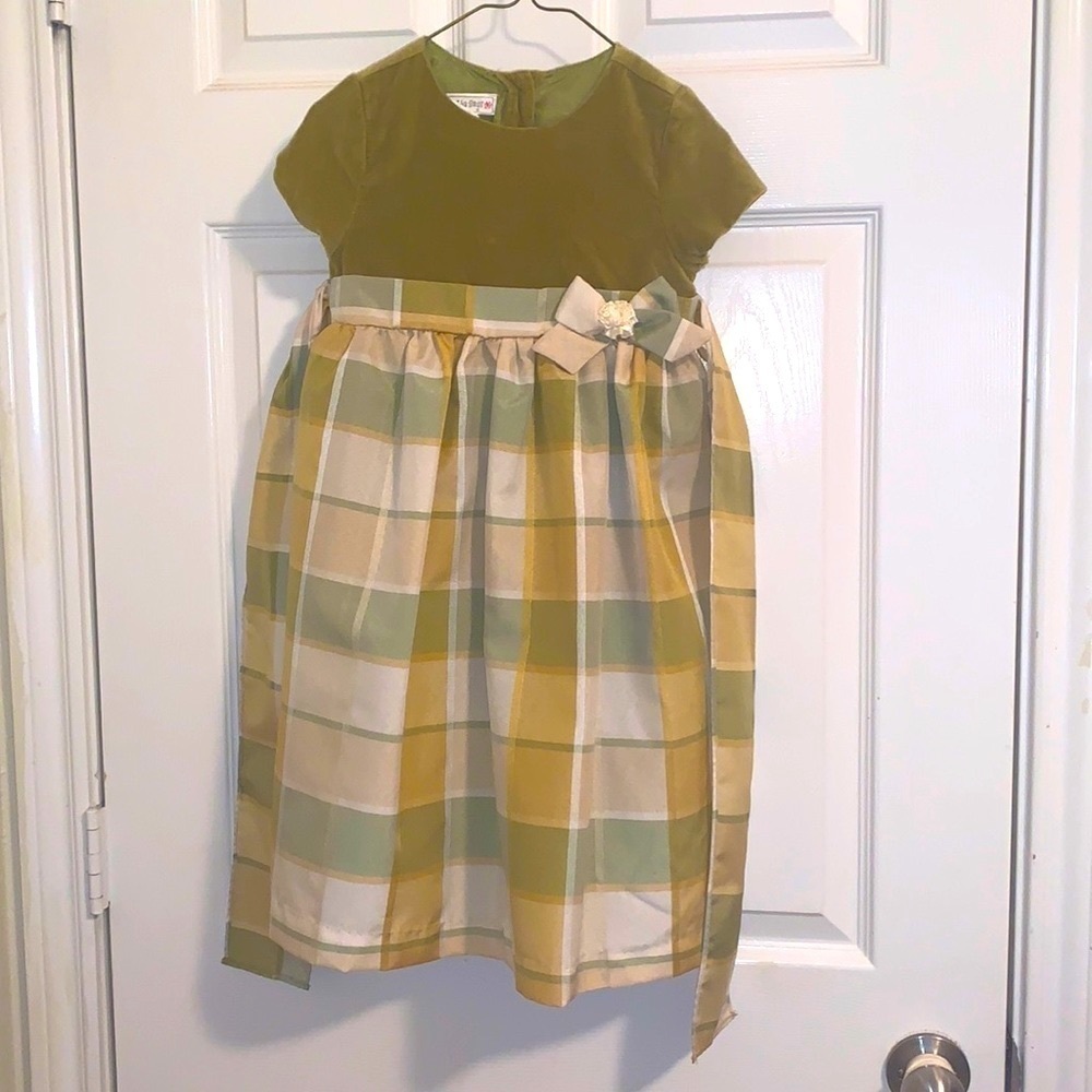 Girls olive green suede and plaid dress